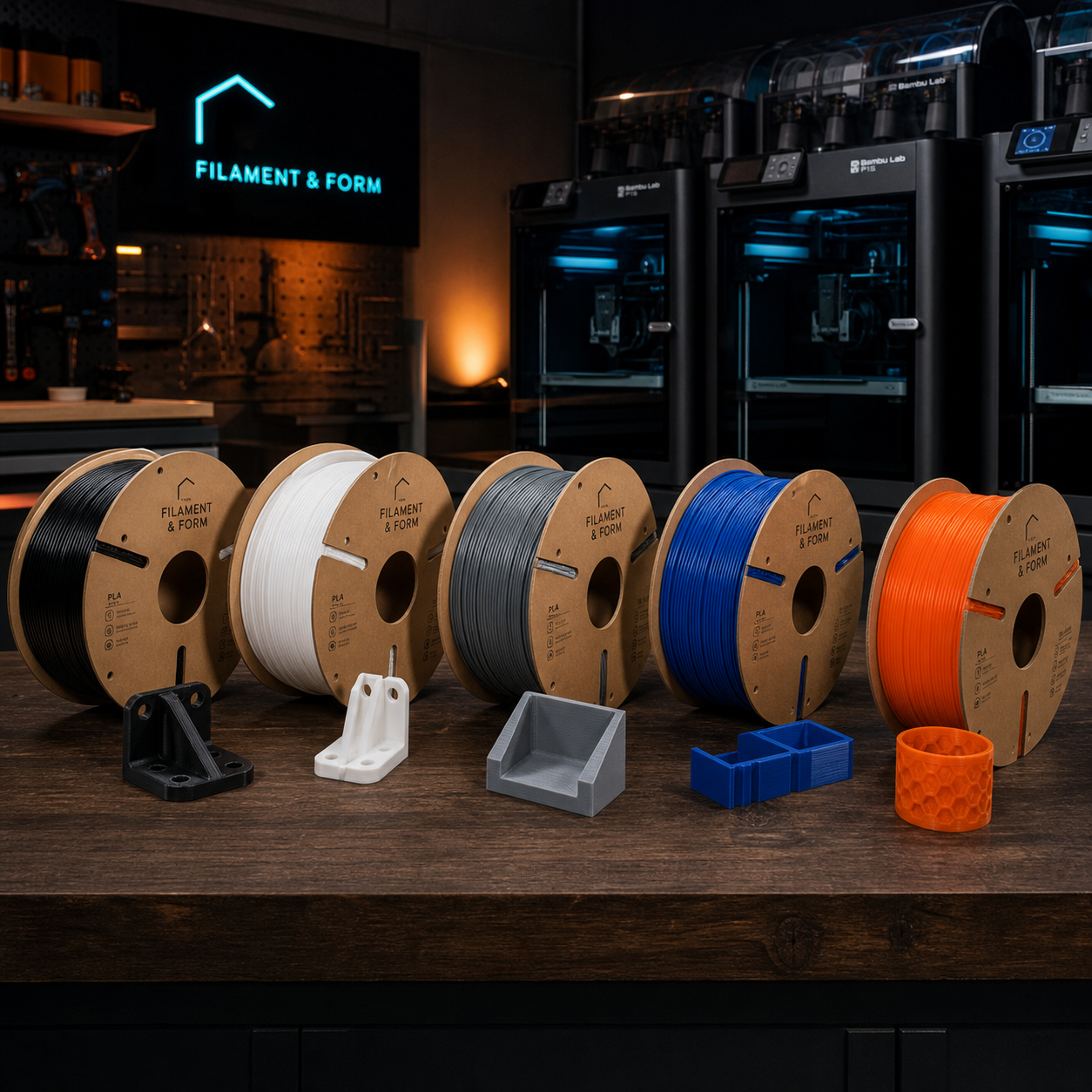 Filament & Form studio hero image showing material spools, finished FDM parts, and a moody workshop backdrop.