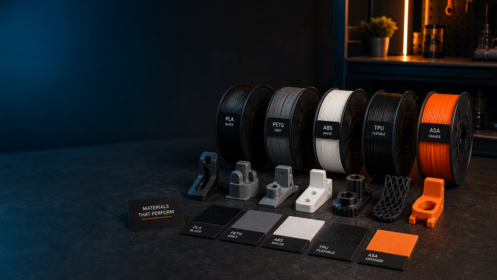 Bambu Lab AMS automated material system loaded with four filament spools — black, orange, blue, and natural — ready to switch between materials and colours