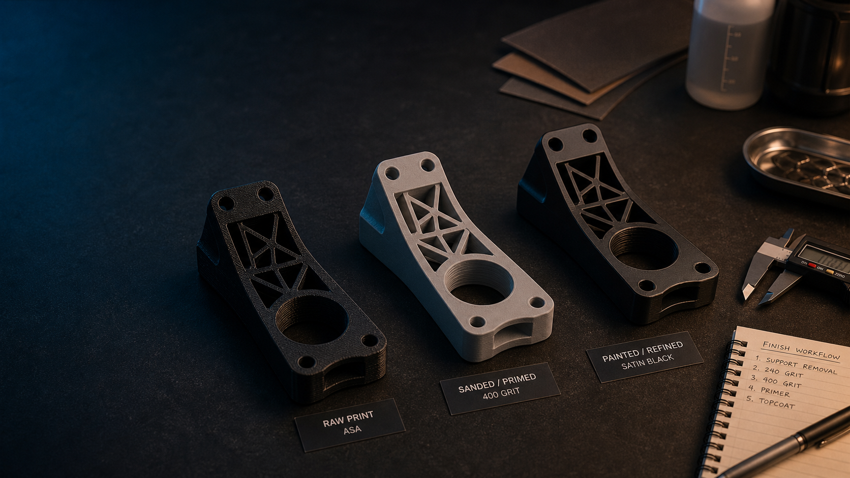 Side-by-side comparison of an FDM-printed ASA bracket — raw layer-line finish on the left, gloss vapour-smoothed finish on the right