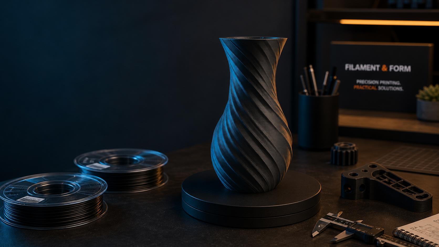 Silk PLA twisted-light vase with iridescent copper-amber sheen on a dark studio plinth